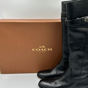 Coach Linette Calf Leather Riding Boots buckle strap Black 5.5B NIB with Box‎